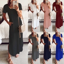 Casual Solid Color Short Sleeve Side Pockets Long Dress