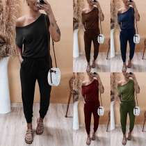 Casual Solid Color One-shoulder Short Sleeve Jumpsuit