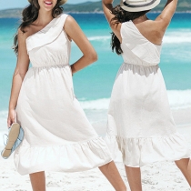Sexy White Ruffle One-shoulder Tiered Dress