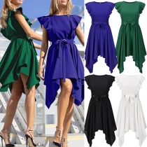 Casual Solid Color Ruffle Sleeveless Self-tie Irregular Hemline Mini Dress