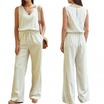 Casual Sleeveless Vertical Stripe Wide-leg Jumpsuit