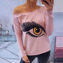 Fashion one-shoulder Eyes Printed Long Sleeveless Shirt