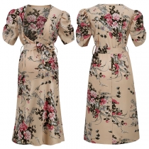 Vintage Floral Printed V-neck Short Sleeve Self-tie Materinity Dress