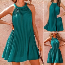 Casual Solid Color Sleeveless Round Neck Pleated Dress