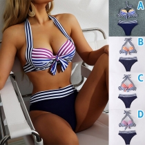 Sexy Stripe Printed Halter Neck Bikini Set