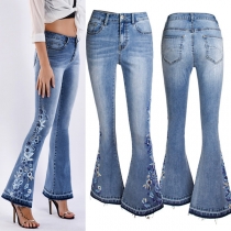 Vintage Floral Embroidery Wide-leg Denim Jeans