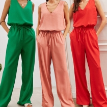 Casual Solid Color V-neck Sleeveless Drawstring Wide-leg Jumpsuit