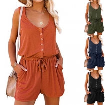 Casual Solid Color Buttoned Sleeveless Romper