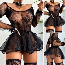 Sexy Semi-through Net Lace Spliced Pleated Nightwear Dress