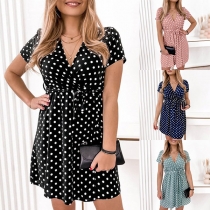 Fashion Polka-dot Printed Short Sleeve Self-tie Mini Dress