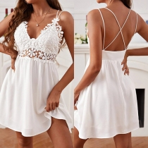 Sexy Solid Color Floral Lace Spliced Cross-criss Backless Mini Dress
