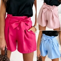 Casual Solid Color Self-tie Shorts