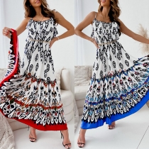 Bohemia Style Floral Printed Ruffle Tiered Maxi Slip Dress