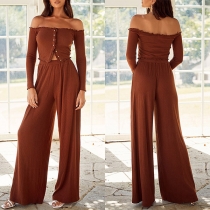 Sexy Two-piece Set Consist of Long Sleeve Off-the-shoulder Cardigan and Wide-leg Pants