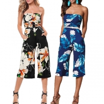 Bohemia Style Floral Printed Ruched Strapless Gaucho Pants Jumpsuit