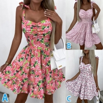 Fashion Floral Printed Self-tie Ruched Tiered Fit & Flare Dress