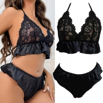 Sexy Lace Spliced Ruffled Halter Two-piece Lingerie Set