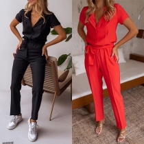 Casual Solid Color Buttoned V-neck Self-tie Jumpsuit