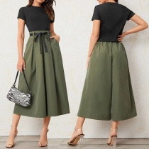 Casual Black Shirt and Green Gaucho Pants Two-piece Set