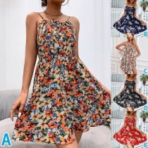 Fresh Floral Printed Elastic Waist Slip Dress