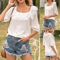 Casual Solid Color Lace Spliced Scoop Neck Elbow-sleeve Shirt