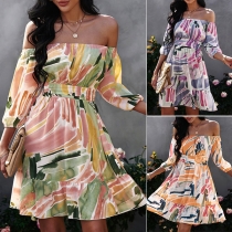 Sexy Bohemia Style Floral Printed Off-the-shoulder Elbow Sleeve Mini Dress