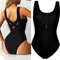 Sexy Ruched Rhinesotone  Backless Cross-criss One-piece Swimsuit