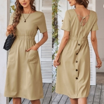 Elegant Solid Color Round Neck Buttoned Patch Pocket Dress