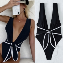 Sexy Deep V-neck Self-tie One-piece Swimsuit