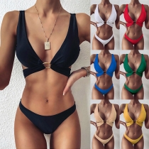 Sexy Solid Color O-ring Cross-criss Bikini Set