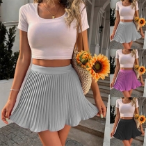 Casual Solid Color Pleated Mini Skirt