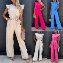 Fashion Solid Color Ruffle Sleeveless Self-tie Wide-leg Jumpsuit