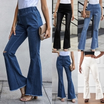 Casual  Frayed Wide-leg Elastic Waist Denim Jeans