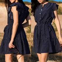 Casual Polka Dot Printed Buttoned Ruffled Cap Sleeve Self-tie Tiered Dress