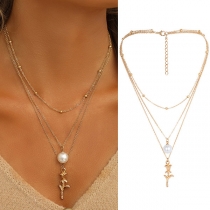 Elegant Three-layers Necklace with Rose and Bead Pendants