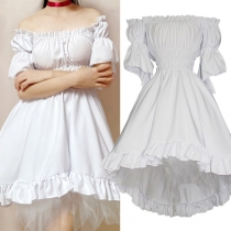 Vintage Off-the-Back Length Ruffled High-low Hemline White Dress with Crinoline