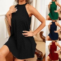 Casual Solid Color Swiss Dot Sleeveless Halter Dress
