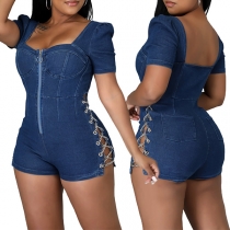 Sexy Sweetheart Backless Zipper Chain Lace-up Denim Romper