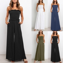 Sexy Solid Color Strapless Smocked Wide-leg Jumpsuit