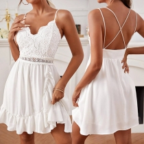Elegant Solid Color Lace Spliced Ruffle Backless Cross-criss Dress