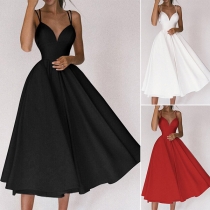 Sexy Solid Color V-neck Backless Cross-criss Party Slip Dress