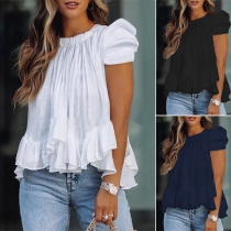 Casual Solid Color Ruffled Short Sleeve Shirt