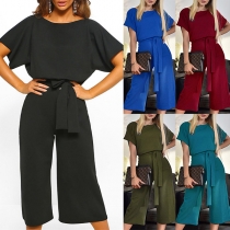 Casual Solid Color Batwing Sleeve Self-tie Gaucho Pants Jumpsuit