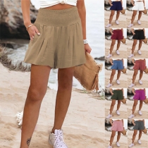 Casual Solid Color Smocked High Waist Shorts