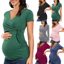 Casual Solid Color Short Sleeve Wrap Maternity Shirt