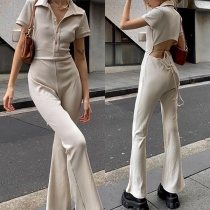 Sexy Solid Color Stand Collar Buttoned Back Cutout Wide-leg Jumpsuit