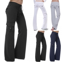 Casual Solid Color Wide-leg Patch Pockets Pants