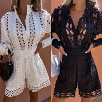 Fashion Lace Spliced Cutout Buttoned Long Sleeve Mock Neck Romper