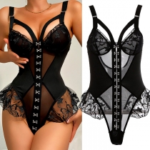 Sexy See-through Ruffle Gauze Spliced Butterfly Embroidery Lingerie Bodysuit