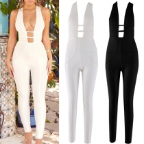 Sexy Solid Color Plung-V Cutout Backless Cross-criss Slim Fit Jumpsuit